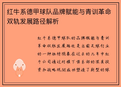 红牛系德甲球队品牌赋能与青训革命双轨发展路径解析