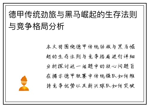 德甲传统劲旅与黑马崛起的生存法则与竞争格局分析