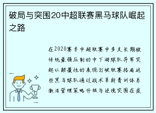 破局与突围20中超联赛黑马球队崛起之路